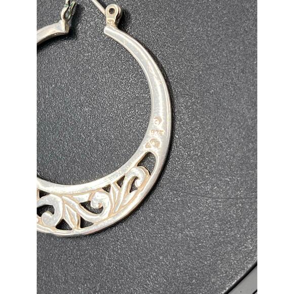 Designer Signed Sterling Silver 925 Floral Filigree Hoop Earrings - Picture 8 of 8